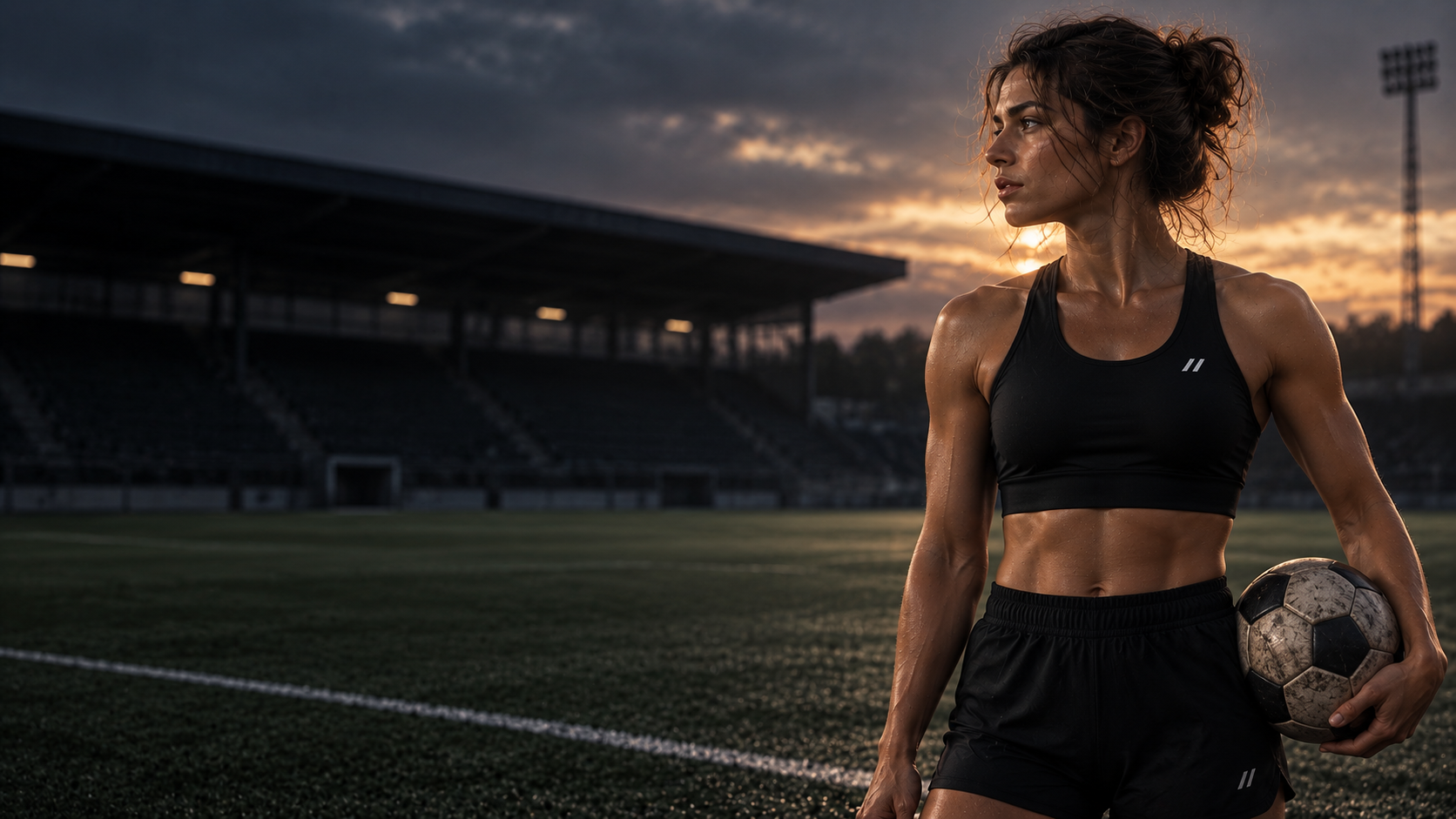 A female futbol player holds a ball beside the pitch at dusk