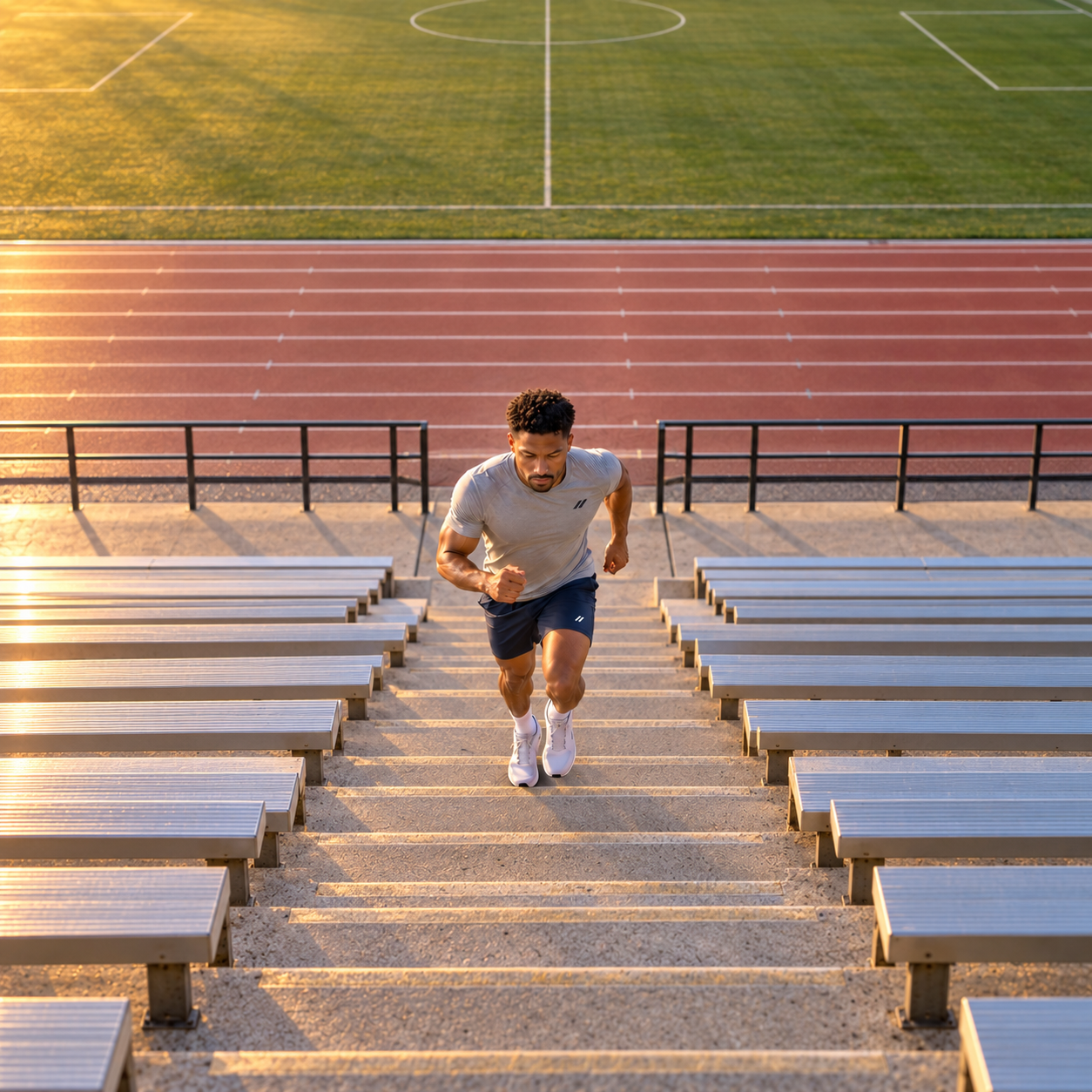 Darius runs uphill toward the camera at sunrise, looking at the steps, with stadium seating descending behind him toward a lower track and futbol pitch