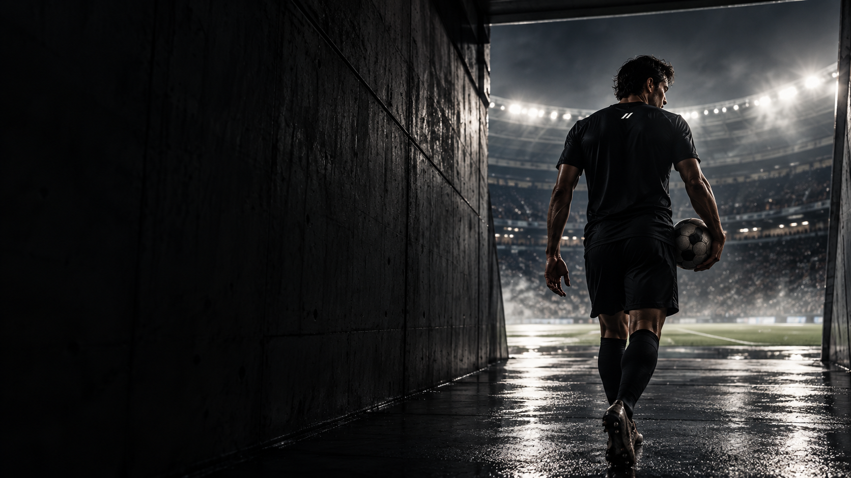 Futbol player entering a floodlit stadium