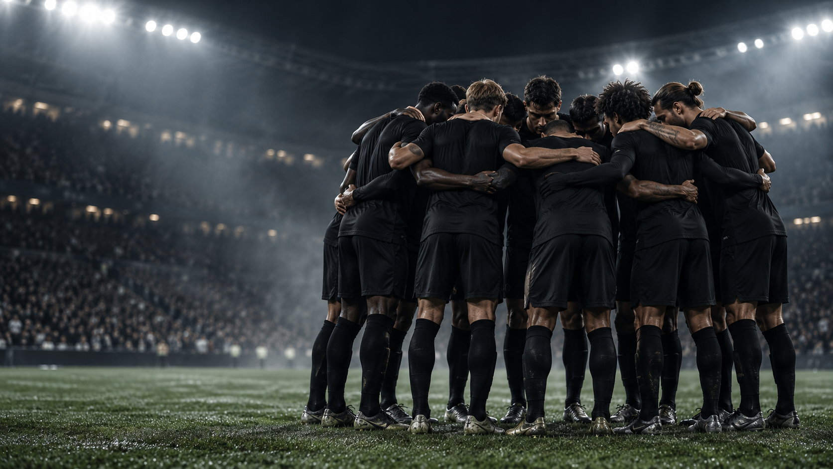 Teammates in black futbol kits huddle with arms around one another on a floodlit grass pitch